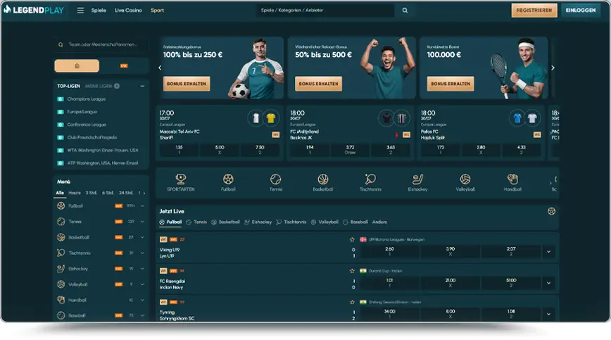 Screenshot der Sportwetten-Benutzeroberfläche von LegendPlay im dunkelgrünen Design. Im oberen Bereich werben Banner für Boni wie „100% bis zu 250 €“. Darunter liegen Kacheln für anstehende Spiele, ein Navigationsmenü für Sportarten auf der linken Seite sowie der Live-Wetten-Bereich („Jetzt Live“) im unteren Feld mit aktuellen Spielständen und Quoten.