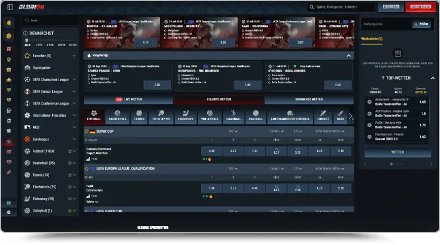 Screenshot der Sportwetten-Plattform Glorion im dunklen Design. Oben werden Highlight-Spiele in einer horizontalen Galerie präsentiert. Auf der linken Seite befindet sich eine umfangreiche Navigationsleiste mit Sportarten von Fußball über Basketball bis Tischtennis. Rechts befindet sich der Wettschein mit einer Aufstellung von Top-Wetten, und im mittleren Hauptbereich werden aktuelle Spiele mit Quoten für 1X2 und Über/Unter aufgelistet.