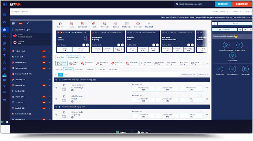 Screenshot der Sportwetten-Benutzeroberfläche der Website TikiTaka im dunkelblauen Design. Auf der linken Seite verläuft eine Menüleiste mit verschiedenen Sportarten und Live-Indikatoren. Im oberen Hauptbereich werden ausgewählte Spiele in Kartenform dargestellt, darunter folgt eine Liste anstehender Begegnungen der Europa Conference League und von Freundschaftsspielen mit Quoten. Am rechten Rand befindet sich eine Seitenleiste für das Benutzerkonto und Aktionen.