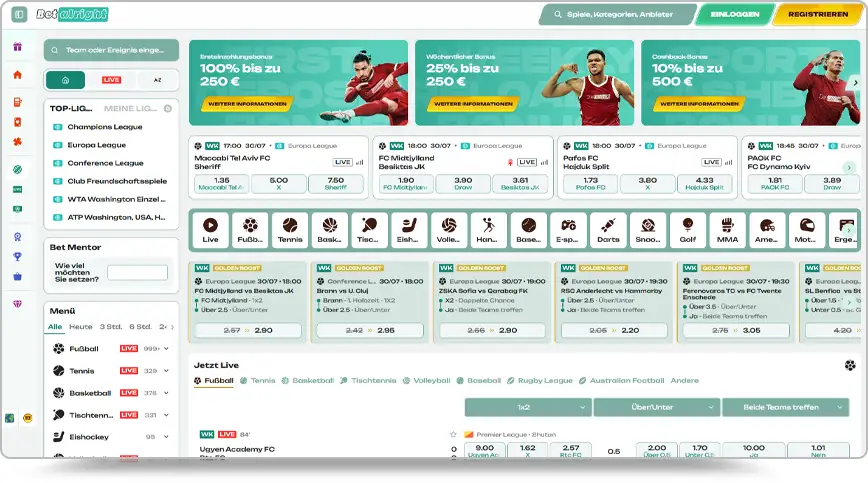 Screenshot der hellgrün-weißen Benutzeroberfläche der Wettplattform Betalright. Ganz oben verläuft eine Navigationsleiste mit Suchfeld und Buttons für Registrierung und Login. Darunter stehen drei Werbe-Banner für Boni (u. a. „Ersteinzahlungsbonus 100% bis zu 250 €“). Im mittleren Hauptbereich folgen Karten für Highlight-Spiele, eine Leiste mit Sportarten-Icons und Kacheln für Quoten-Boosts. Auf der linken Seite befindet sich eine Menüleiste mit Ligen und Sportarten.