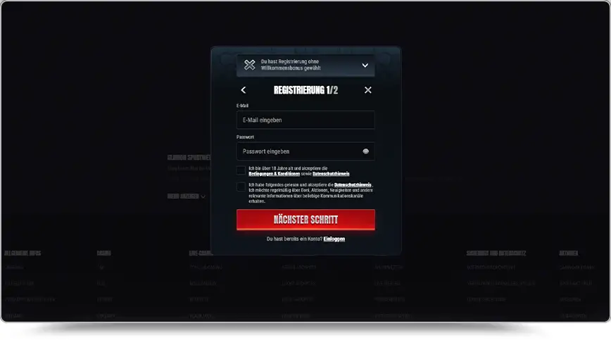 Screenshot des ersten Registrierungsschritts (1/2) bei Glorion als zentrales Pop-up-Fenster auf abgedunkeltem Hintergrund. Ganz oben zeigt ein Banner den Hinweis „Du hast Registrierung ohne Willkommensbonus gewählt“. Das Formular enthält Felder für E-Mail und Passwort, zwei Checkboxen für AGB, Datenschutz und Marketing sowie einen roten Button „NÄCHSTER SCHRITT“.