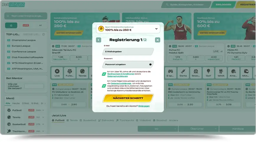 Screenshot des ersten Registrierungsschritts (1/2) auf der Website Betalright als weißes Pop-up-Fenster vor leicht abgedunkeltem Hintergrund. Oben ist der Bonus „Sport Ersteinzahlungsbonus 100% bis zu 250 €“ ausgewählt. Darunter liegen Eingabefelder für E-Mail und Passwort, zwei grün angekreuzte Checkboxen für AGB, Datenschutz und Marketing-Einwilligungen sowie ein gelber Button mit der Aufschrift „NÄCHSTER SCHRITT“.