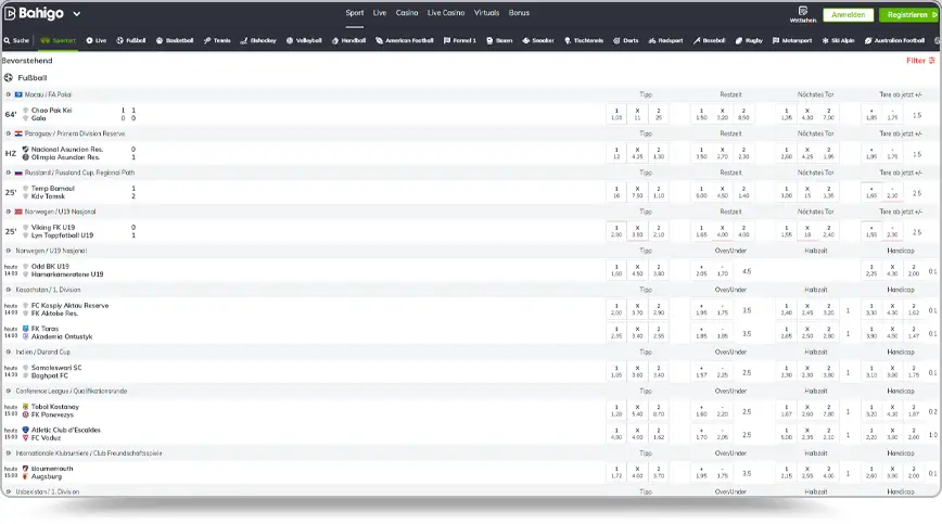 Screenshot der Übersicht für Sportwetten auf der Plattform Bahigo im hellen Design. Am oberen Rand befindet sich das Logo mit dem Menü für Sport, Live, Casino und Aktionen. Darunter erstreckt sich eine detaillierte Liste von Fußballbegegnungen verschiedener Ligen und Länder mit zugehörigen Quoten für 1X2, Over/Under und Handicap.