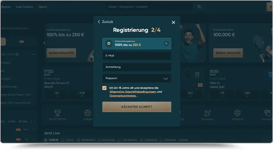 Screenshot der abgedunkelten LegendPlay-Website mit einem zentralen Registrierungs-Pop-up-Fenster für Schritt 2 von 4. Oben steht das Bonusangebot „ Ersteinzahlungsbonus 100% bis zu 250 €“. Darunter befinden sich Formularfelder für E-Mail, Anmeldung (Benutzername) und Passwort, eine angekreuzte Checkbox für das Mindestalter von 18 Jahren und die AGB sowie eine beigefarbene Schaltfläche „NÄCHSTER SCHRITT“.