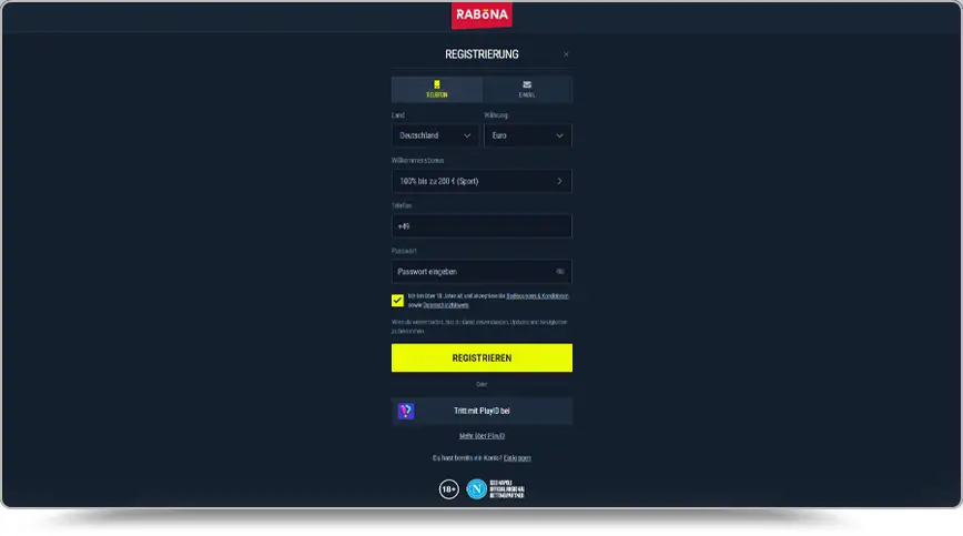 Screenshot der Registrierungsmaske von Rabona auf dunklem Hintergrund. Das Formular bietet zwei Reiter für Telefon- oder E-Mail-Registrierung, Auswahllisten für Land (Deutschland) und Währung (Euro) sowie ein Feld für den Willkommensbonus „100% bis zu 200 € (Sport)“. Es folgen Eingabefelder für Telefonnummer und Passwort, eine angekreuzte AGB-Checkbox sowie ein auffälliger gelber Button mit der Aufschrift „REGISTRIEREN“.